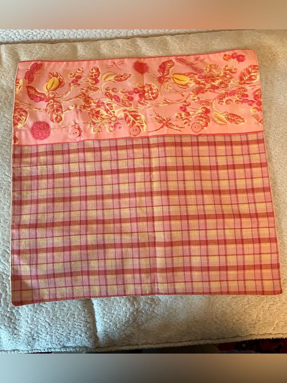 VTG April Cornell French Country Pink Plaid Floral Pillow Cover Button 15.5in
